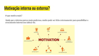 Motivação interna ou externa?
O que motiva mais?
Ainda que a interna pareça mais poderosa, muito pode ser feito externamente para possibilitar o
crescimento interno (ou sufocá-lo).
 