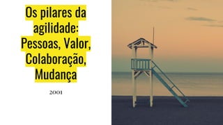 Os pilares da
agilidade:
Pessoas, Valor,
Colaboração,
Mudança
2001
 