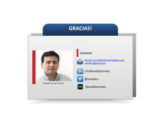 GRACIAS!
Contacto
Deusdit Correa Cornejo
@neodacc
/deusditcorreac
/in/deusditcorreac
deusdit.correa@tallertechnologies.com
neodacc@gmail.com
 