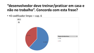 “desenvolvedor deve treinar/praticar em casa e
não no trabalho”. Concorda com esta frase?
• •O codificador limpo — cap. 6
 