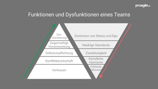 Agile Teamkultur
● Selbstorganisation (des Teams)
● Eigenverantwortung (des Teams u. d. Mitarbeiter)
● Offenheit / Transparenz
● Streben nach Verbesserung
● Lernen aus Fehlern
● Laterale Führungskultur
 