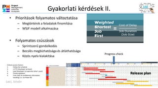 Gyakorlati kérdések II.
• Prioritások folyamatos változtatása
– Megtörténik a feladatok finomítása
– WSJF modell alkalmazása
• Folyamatos csúszások
– Sprintszerű gondolkodás
– Becslés megbízhatósága és átláthatósága
– Közös nyelv kialakítása
Progress check
Critical success factors:
1. Follow the schedule
2. +2 FTE Developer (at least)
3. Lead Developer to supervise other’s work
4. Timely validation
5. Train staff of confidential information
handling (i.e. via Power BI)
Release plan
Laci, István
 