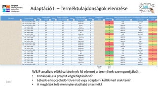 Adaptáció I. – Terméktulajdonságok elemzése
WSJF analízis előkészítésének fő elemei a termékek szempontjából:
• Kritikusak-e a projekt végrehajtásához?
• Létezik-e kapcsolódó folyamat vagy adaptálni kell/ki kell alakítani?
• A megbízók felé mennyire eladható a termék?
Laci
 