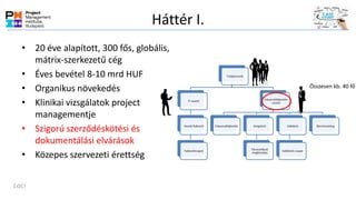 Háttér I.
• 20 éve alapított, 300 fős, globális,
mátrix-szerkezetű cég
• Éves bevétel 8-10 mrd HUF
• Organikus növekedés
• Klinikai vizsgálatok project
managementje
• Szigorú szerződéskötési és
dokumentálási elvárások
• Közepes szervezeti érettség
Laci
 