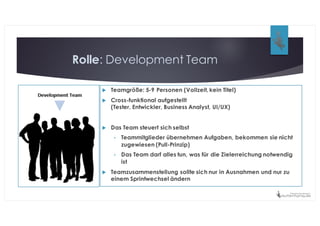 Rolle: Development Team
u Teamgröße: 5-9 Personen (Vollzeit, kein Titel)
u Cross-funktional aufgestellt
(Tester, Entwickler, Business Analyst, UI/UX)
u Das Team steuert sich selbst
• Teammitglieder übernehmen Aufgaben, bekommen sie nicht
zugewiesen (Pull-Prinzip)
• Das Team darf alles tun, was für die Zielerreichung notwendig
ist
u Teamzusammenstellung sollte sich nur in Ausnahmen und nur zu
einem Sprintwechsel ändern
 