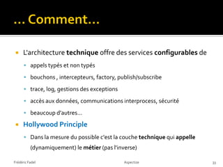     L'architecture technique offre des services configurables de
       appels typés et non typés

       bouchons , intercepteurs, factory, publish/subscribe

       trace, log, gestions des exceptions

       accès aux données, communications interprocess, sécurité

       beaucoup d'autres…

     Hollywood Principle
       Dans la mesure du possible c'est la couche technique qui appelle
          (dynamiquement) le métier (pas l'inverse)

Frédéric Fadel                                Aspectize                    33
 