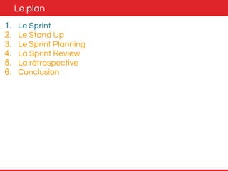 Le plan 
1. Le Sprint 
2. Le Stand Up 
3. Le Sprint Planning 
4. La Sprint Review 
5. La rétrospective 
6. Conclusion 
 