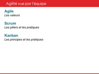 Agilité vue par l’équipe 
Agile 
Les valeurs 
Scrum 
Les piliers et les pratiques 
Kanban 
Les principes et les pratiques 
 
