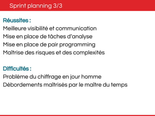 Sprint planning 3/3 
Réussites : 
Meilleure visibilité et communication 
Mise en place de tâches d’analyse 
Mise en place de pair programming 
Maîtrise des risques et des complexités 
Difficultés : 
Problème du chiffrage en jour homme 
Débordements maîtrisés par le maître du temps 
 