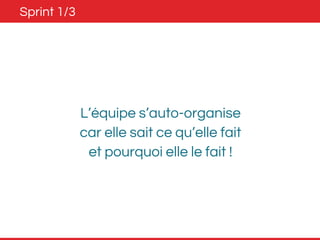 Sprint 1/3 
L’équipe s’auto-organise 
car elle sait ce qu’elle fait 
et pourquoi elle le fait ! 
 