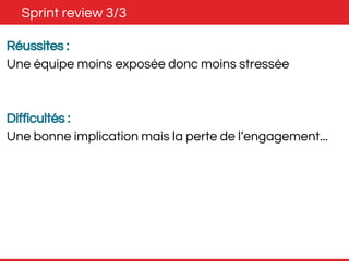 Sprint review 3/3 
Réussites : 
Une équipe moins exposée donc moins stressée 
Difficultés : 
Une bonne implication mais la perte de l’engagement... 
 