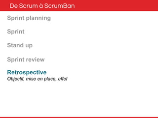 De Scrum à ScrumBan 
Sprint planning 
Sprint 
Stand up 
Sprint review 
Retrospective 
Objectif, mise en place, effet 
 