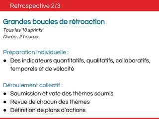 Retrospective 2/3 
Grandes boucles de rétroaction 
Tous les 10 sprints 
Durée : 2 heures 
Préparation individuelle : 
● Des indicateurs quantitatifs, qualitatifs, collaboratifs, 
temporels et de vélocité 
Déroulement collectif : 
● Soumission et vote des thèmes soumis 
● Revue de chacun des thèmes 
● Définition de plans d’actions 
 