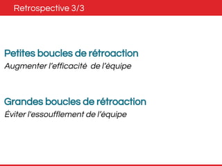 Retrospective 3/3 
Petites boucles de rétroaction 
Augmenter l’efficacité de l’équipe 
Grandes boucles de rétroaction 
Éviter l'essoufflement de l’équipe 
 