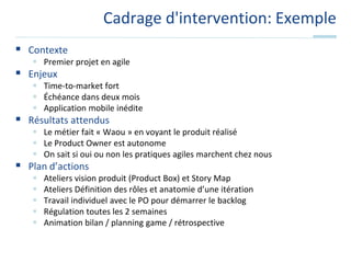 Cadrage d'intervention: ExempleContextePremier projet en agileEnjeuxTime-to-market fortÉchéance dans deux moisApplication mobile inéditeRésultats attendusLe métier fait « Waou » en voyant le produit réaliséLe Product Owner est autonomeOn sait si oui ou non les pratiques agiles marchent chez nousPlan d’actionsAteliers vision produit (Product Box) et Story MapAteliers Définition des rôles et anatomie d’une itérationTravail individuel avec le PO pour démarrer le backlogRégulation toutes les 2 semainesAnimation bilan / planning game / rétrospective