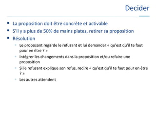 Perfection GameUtiliser ce protocole pour agréger les meilleures idées du groupe pour améliorer quelque chose que vous avez créé.EtapesLa personne à l'initiative de la demande de perfectionnement exécute quelque chose ou présente le produit qui est proposé au perfectionnement Les autres personnes notent la performance de 1 à 10, 10 représentant la perfectionChaque personne donnant une note accompagne celle-ci d’une explication spécifique justifiant la valeur sur 10 sous la forme « ce qui était bien et qui justifie la note c'est XYZ »  Chaque personne indique spécifiquement ce qui doit ce qui doit être fait pour obtenir la note 10 sous la forme « pour avoir 10, j'ajouterai/je ferai XYZ »