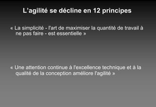 L’agilité se décline en 12 principes « La simplicité - l'art de maximiser la quantité de travail à ne pas faire - est essentielle » « Une attention continue à l'excellence technique et à la  qualité de la conception améliore l'agilité » 
