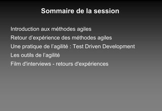 Sommaire de la session Introduction aux méthodes agiles Retour d’expérience des méthodes agiles Une pratique de l’agilité : Test Driven  Development Les outils de l’agilité Film d'interviews - retours d'expériences 