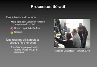 Processus itératif Des itérations d’un mois Mais cela peut varier en fonction des phase du projet Scrum : sprint durée fixe Kanban Des recettes utilisateurs à chaque fin d’itération En période pré-production : recette toutes les 2 / 3 semaines Recette Utilisateur -  janvier 2010 
