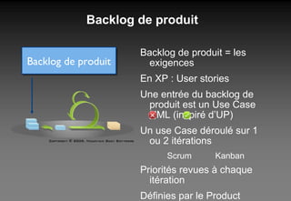 Backlog de produit  Backlog de produit = les exigences En XP : User stories Une entrée du backlog de produit est un Use Case UML (inspiré d’UP) Un use Case déroulé sur 1 ou 2 itérations Scrum  Kanban Priorités revues à chaque itération Définies par le Product Owner Mais également par le reste de l’équipe (différent de Scrum) Backlog de produit 
