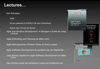 Lectures… Ken Schwaber ADM Scrum présenté à OOPSLA 96 avec Sutherland Auteur des 3 livres sur Scrum Agile and Iterative Development: A Manager’s Guide  de Craig Larman Agile Estimating and Planning  de Mike Cohn Agile Retrospectives  d'Esther Derby et Diana Larsen Agile Software Development Ecosystems  de Jim Highsmith User Stories Applied for Agile Software Development  de Mike Cohn Des articles toutes les semaines à www.scrumalliance.org 
