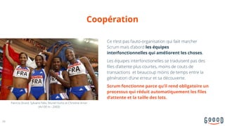 Coopération
20
Patricia Girard, Sylviane Felix, Muriel Hurtis et Christine Arron  
(4x100 m - 2003)
Ce n’est pas l’auto-organisation qui faiit marcher
Scrum mais d’abord les équipes
interfonctionnelles qui améliorent les choses.
Les équipes interfonctionelles se traduisent pas des
files d’attente plus courtes, moins de couts de
transactions et beaucoup moins de temps entre la
génération d’une erreur et sa découverte.
Scrum fonctionne parce qu’il rend obligatoire un
processus qui réduit automatiquement les files
d’attente et la taille des lots.
 