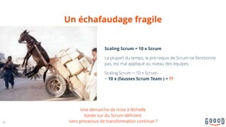 Un échafaudage fragile
Scaling Scrum = 10 x Scrum
La plupart du temps, le pré-requis de Scrum ne fonctionne
pas, est mal appliqué au niveau des équipes :
Scaling Scrum = 10 x Scrum  
= 10 x (fausses Scrum Team ) = ??
29
Une démarche de mise à l’échelle  
basée sur du Scrum déficient  
sans processus de transformation continue ?
 