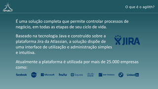 O que é o agilith?
É uma solução completa que permite controlar processos de
negócio, em todas as etapas de seu ciclo de vida.
Baseado na tecnologia Java e construído sobre a
plataforma Jira da Atlassian, a solução dispõe de
uma interface de utilização e administração simples
e intuitiva.
Atualmente a plataforma é utilizada por mais de 25.000 empresas
como:
 
