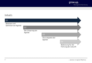 grow.up.
Managementberatung
… wachsen im eigenen Rhythmus
Inhalt:
2
Relevanz und
Definition von Agilität
Der Ursprung von
Agilität
Die 6 Aspekte der
Agilität
Bedeutung für die
Führung der Zukunft
01
02
03
04
 