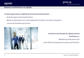 grow.up.
Managementberatung
… wachsen im eigenen Rhythmus
Agilität
Relevanz und Definition von Agilität
Im übertragenen Sinne ist Agilität die kontinuierliche Bereitschaft, …
• Veränderungen schnell herbeizuführen,
• Wandel (insbesondere auch unvorhergesehenen) proaktiv und reaktiv aufzugreifen
• und aus der Veränderung zu lernen.
4
Im Zentrum des Konzepts der Agilität steht die
Erzielung von…
• Wertbeitrag und Kundennutzen
• durch Effizienz, Qualitätsorientierung und Einfachheit.
Pressmaster / Shutterstock.com
 