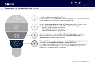 grow.up.
Managementberatung
… wachsen im eigenen Rhythmus
Agilität
Bedeutung für die Führung der Zukunft
7
D
C
B
A
Agile Führungskräfte werden zum Coach/Enabler/Sparringspartner für ihre
Mitarbeitenden. Sie schaffen die notwendigen Rahmenbedingungen, die ein
selbstständiges Arbeiten möglich machen.
Um eine agile, gemeinschaftsorientierte Führung zu erreichen, müssen immer
häufiger Gegensätze miteinander verbunden werden. Zum Beispiel:
• Bindung an die Gruppe & Individualität
• Pflichtgefühl & Selbstverwirklichung
• emotionales & rationales Management
Es gibt nicht die eine richtige Art zu führen.
Das Verständnis, sich je nach Situation/Mitarbeiter/Branche/… unterschiedlich und
immer wieder neu zu positionieren, wird immer wichtiger.
Führungskräfte von morgen müssen vermehrt interkulturelle Kompetenzen sowie
eine tiefgreifende Change-Management-Expertise mitbringen.
Da disziplinarische Aufgaben an die Mitarbeitenden delegiert werden, gestalten
Führungskräfte aktiv Strategie und Vision mit. Sie sind Risikomanager und
brauchen ein gut ausgeprägtes Trendgespür.
 