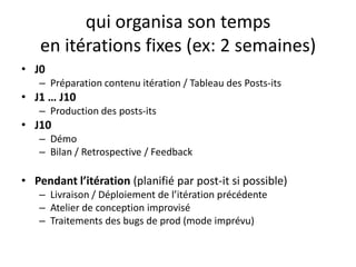 qui organisa son tempsen itérations fixes (ex: 2 semaines)J0Préparation contenu itération / Tableau des Posts-itsJ1 … J10Production des posts-itsJ10DémoBilan / Retrospective / FeedbackPendant l’itération (planifié par post-it si possible)Livraison / Déploiement de l’itération précédenteAtelier de conception improviséTraitements des bugs de prod (mode imprévu)