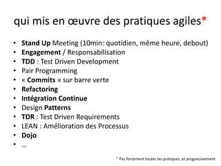 qui mis en œuvre des pratiques agiles*Stand Up Meeting (10min: quotidien, même heure, debout)Engagement / ResponsabilisationTDD : Test DrivenDevelopmentPair Programming« Commits » sur barre verteRefactoringIntégration ContinueDesign PatternsTDR : Test DrivenRequirementsLEAN : Amélioration des ProcessusDojo…* Pas forcément toutes les pratiques, et progressivement