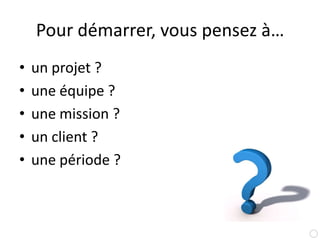 Pour démarrer, vous pensez à…un projet ?une équipe ?une mission ?un client ?une période ?