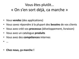 Vous êtes plutôt…« On s’en sort déjà, ca marche »Vous vendez (des applications)Vous savez répondre à la plupart des besoins de vos clientsVous avez créé vos processus (développement, livraison)Vous avez un catalogue produitsVous avez des compétences internes…Chez nous, ça marche !