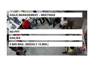 NO PPT
DAILIES
5 MIN MAX. (WEEKLY 15 MIN.)
AGILE MANAGEMENT – MEETINGS
 