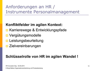 Anforderungen an HR /
Instrumente Personalmanagement
Konfliktfelder im agilen Kontext:
 Karrierewege & Entwicklungspfade
 Vergütungsmodelle
 Leistungsbeurteilung
 Zielvereinbarungen
Schlüsselrolle von HR im agilen Wandel !
HR Innovation Day - 30.05.2015
© Birgit Mallow Organisationsentwicklung und Prozessberatung
13
 