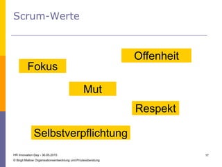 Scrum-Werte
HR Innovation Day - 30.05.2015
© Birgit Mallow Organisationsentwicklung und Prozessberatung
17
Fokus
Mut
Offenheit
Selbstverpflichtung
Respekt
 