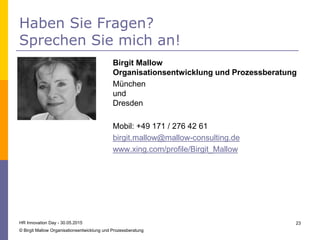 Haben Sie Fragen?
Sprechen Sie mich an!
Birgit Mallow
Organisationsentwicklung und Prozessberatung
München
und
Dresden
Mobil: +49 171 / 276 42 61
birgit.mallow@mallow-consulting.de
www.xing.com/profile/Birgit_Mallow
© Birgit Mallow Organisationsentwicklung und Prozessberatung
23HR Innovation Day - 30.05.2015
 