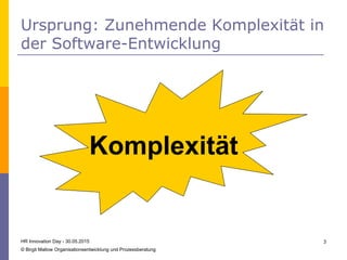 Ursprung: Zunehmende Komplexität in
der Software-Entwicklung
HR Innovation Day - 30.05.2015
© Birgit Mallow Organisationsentwicklung und Prozessberatung
3
Komplexität
 