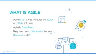 WHAT IS AGILE
322
o Agile is not a way to implement Quick
and Dirty solutions
o Agile is Disciplined
o Requires close coll...