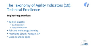 The Taxonomy of Agility Indicators (10):
Technical Excellence
Engineering practices:
• Built-in quality:
• Code reviews
• Test automation
• Pair and mob programming
• Practicing Scrum, Kanban, XP
• Open sourcing code
 