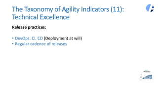The Taxonomy of Agility Indicators (11):
Technical Excellence
Release practices:
• DevOps: CI, CD (Deployment at will)
• Regular cadence of releases
 