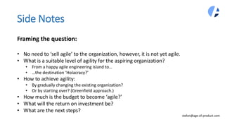 Side Notes
stefan@age-of-product.com
Framing the question:
• No need to ‘sell agile’ to the organization, however, it is not yet agile.
• What is a suitable level of agility for the aspiring organization?
• From a happy agile engineering island to…
• …the destination ‘Holacracy?’
• How to achieve agility:
• By gradually changing the existing organization?
• Or by starting over? (Greenfield approach.)
• How much is the budget to become ‘agile?’
• What will the return on investment be?
• What are the next steps?
 