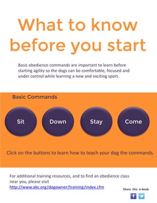 What to know 
before you start 
Basic obedience commands are important to learn before 
starting agility so the dogs can be comfortable, focused and 
under control while learning a new and exciting sport. 
Basic Commands 
Sit 
Click on the buttons to learn how to teach your dog the commands. 
Down Stay Come 
Share this e-book 
For additional training resources, and to find an obedience class 
near you, please visit 
http://www.akc.org/dogowner/training/index.cfm 
 