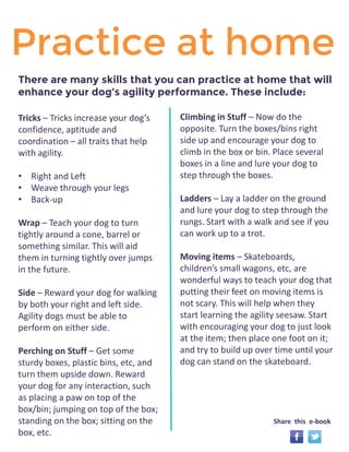 Practice at home 
Tricks – Tricks increase your dog’s 
confidence, aptitude and 
coordination – all traits that help 
with agility. 
• Right and Left 
• Weave through your legs 
• Back-up 
Wrap – Teach your dog to turn 
tightly around a cone, barrel or 
something similar. This will aid 
them in turning tightly over jumps 
in the future. 
Side – Reward your dog for walking 
by both your right and left side. 
Agility dogs must be able to 
perform on either side. 
Perching on Stuff – Get some 
sturdy boxes, plastic bins, etc, and 
turn them upside down. Reward 
your dog for any interaction, such 
as placing a paw on top of the 
box/bin; jumping on top of the box; 
standing on the box; sitting on the 
box, etc. 
Climbing in Stuff – Now do the 
opposite. Turn the boxes/bins right 
side up and encourage your dog to 
climb in the box or bin. Place several 
boxes in a line and lure your dog to 
step through the boxes. 
Ladders – Lay a ladder on the ground 
and lure your dog to step through the 
rungs. Start with a walk and see if you 
can work up to a trot. 
Moving items – Skateboards, 
children’s small wagons, etc, are 
wonderful ways to teach your dog that 
putting their feet on moving items is 
not scary. This will help when they 
start learning the agility seesaw. Start 
with encouraging your dog to just look 
at the item; then place one foot on it; 
and try to build up over time until your 
dog can stand on the skateboard. 
There are many skills that you can practice at home that will 
enhance your dog’s agility performance. These include: 
Share this e-book 
 