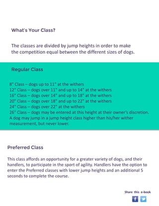 The classes are divided by jump heights in order to make 
the competition equal between the different sizes of dogs. 
What’s Your Class? 
8" Class – dogs up to 11" at the withers 
12" Class – dogs over 11" and up to 14" at the withers 
16" Class – dogs over 14" and up to 18" at the withers 
20" Class – dogs over 18" and up to 22" at the withers 
24" Class – dogs over 22" at the withers 
26" Class – dogs may be entered at this height at their owner’s discretion. 
A dog may jump in a jump height class higher than his/her wither 
measurement, but never lower. 
Regular Class 
This class affords an opportunity for a greater variety of dogs, and their 
handlers, to participate in the sport of agility. Handlers have the option to 
enter the Preferred classes with lower jump heights and an additional 5 
seconds to complete the course. 
Preferred Class 
Share this e-book 
 