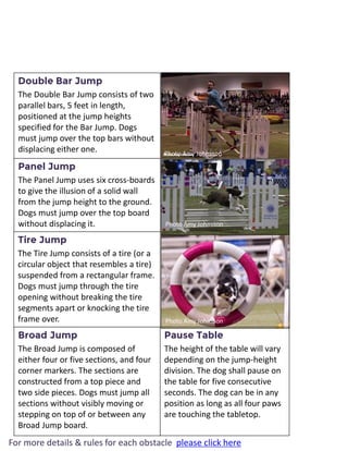 Pause Table 
The height of the table will vary depending on the jump-height division. The dog shall pause on the table for five consecutive seconds. The dog can be in any position as long as all four paws are touching the tabletop. 
For more details & rules for each obstacle please click here 
Double Bar Jump 
The Double Bar Jump consists of two parallel bars, 5 feet in length, positioned at the jump heights specified for the Bar Jump. Dogs must jump over the top bars without displacing either one. 
Panel Jump 
The Panel Jump uses six cross-boards to give the illusion of a solid wall from the jump height to the ground. Dogs must jump over the top board without displacing it. 
Tire Jump 
The Tire Jump consists of a tire (or a circular object that resembles a tire) suspended from a rectangular frame. Dogs must jump through the tire opening without breaking the tire segments apart or knocking the tire frame over. 
Broad Jump 
The Broad Jump is composed of either four or five sections, and four corner markers. The sections are constructed from a top piece and two side pieces. Dogs must jump all sections without visibly moving or stepping on top of or between any Broad Jump board. 
Photo Amy Johnsson 
Photo Amy Johnsson 
Photo Amy Johnsson  