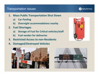 Transportation Issues

 1. Mass Public Transportation Shut Down
    a) Car Pooling
    b) Overnight accommodations nearby
 2. Fuel Shortages
    a) Storage of Fuel for Critical vehicles/staff
    b) Fuel vendor for deliveries
 3. Restricted Access to non‐Residents
 4. Damaged/Destroyed Vehicles
 