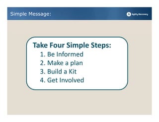 Simple Message:




        Take Four Simple Steps:
          1. Be Informed
          2. Make a plan
          3. Build a Kit
          4. Get Involved
 